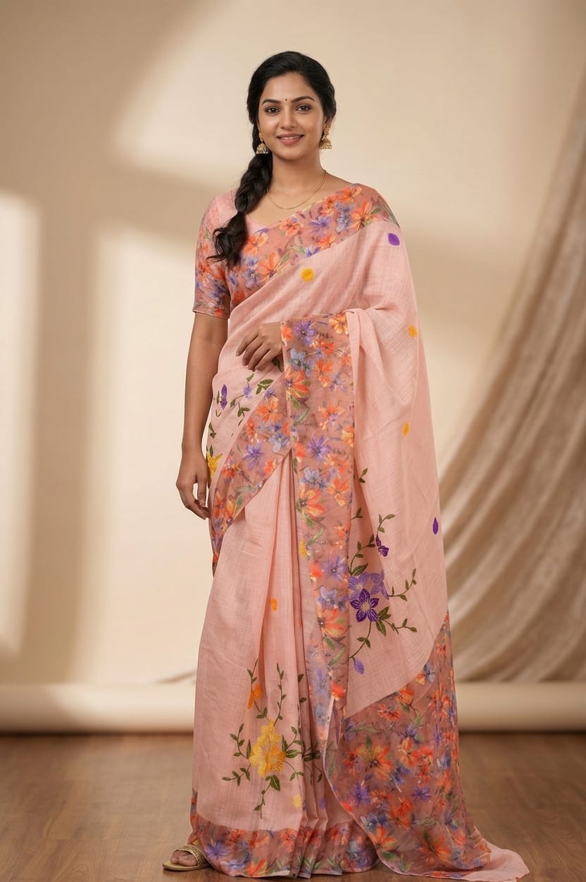 Linen Blend floral embrioidered sarees