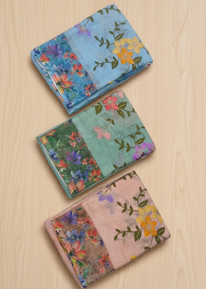 Linen Blend floral embrioidered sarees