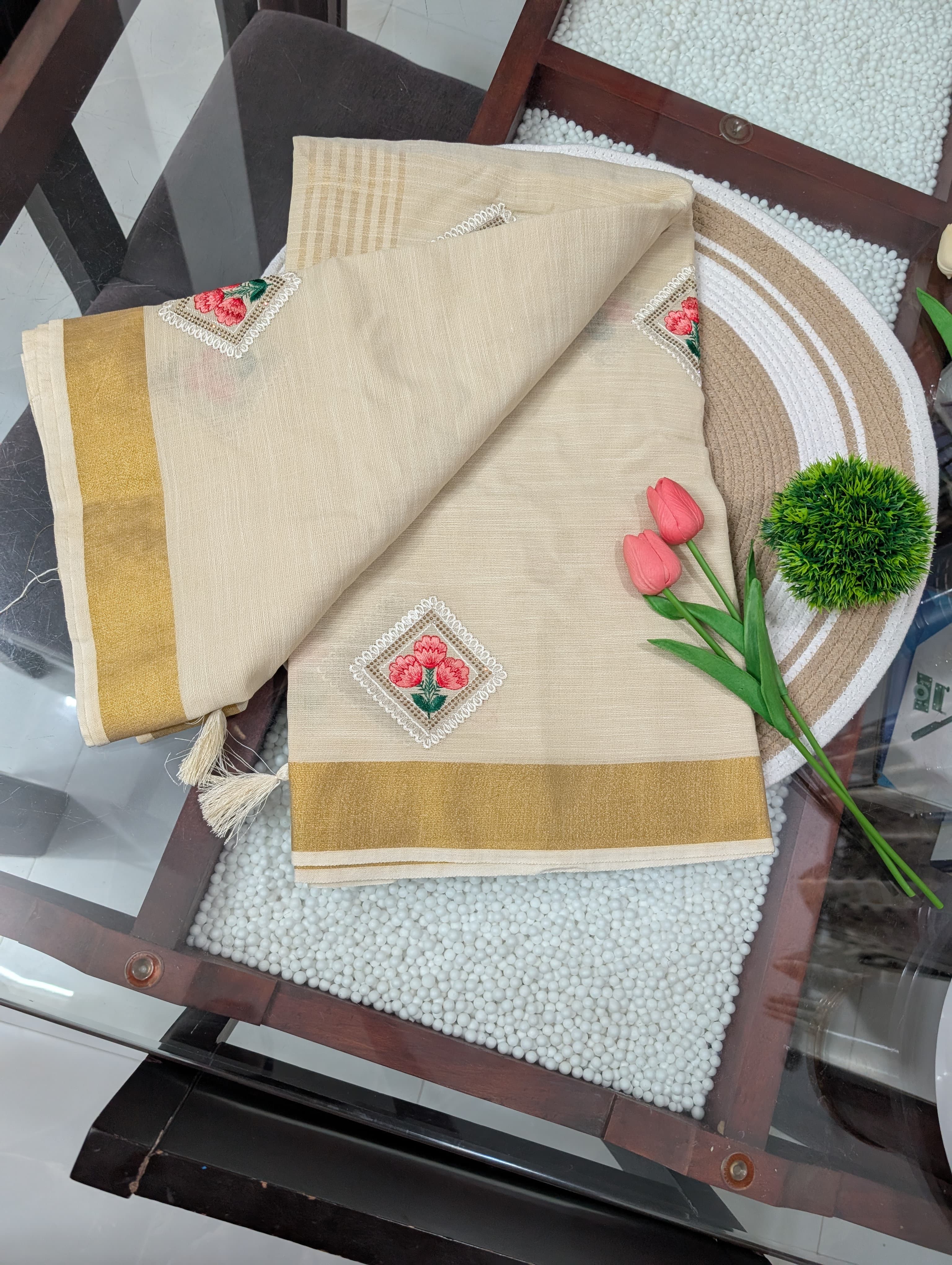 Kerala Saree Floral Embroidery