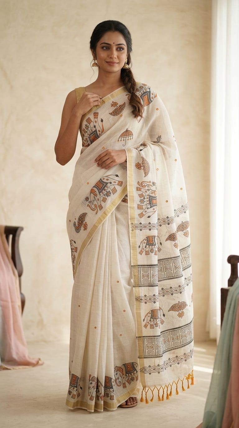 Linen Saree with Elephant Print