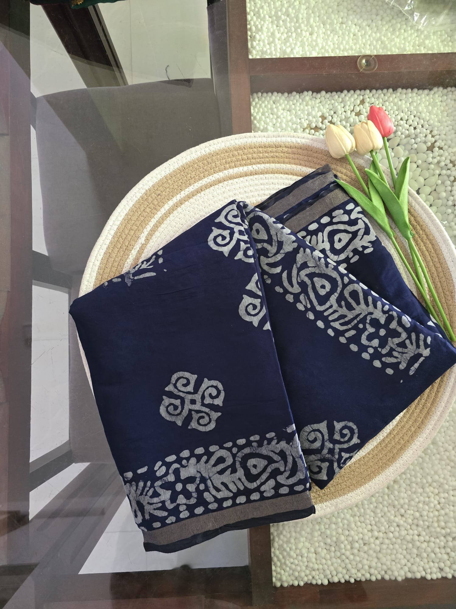 Wax Batik Silk Saree with Traditional Motifs