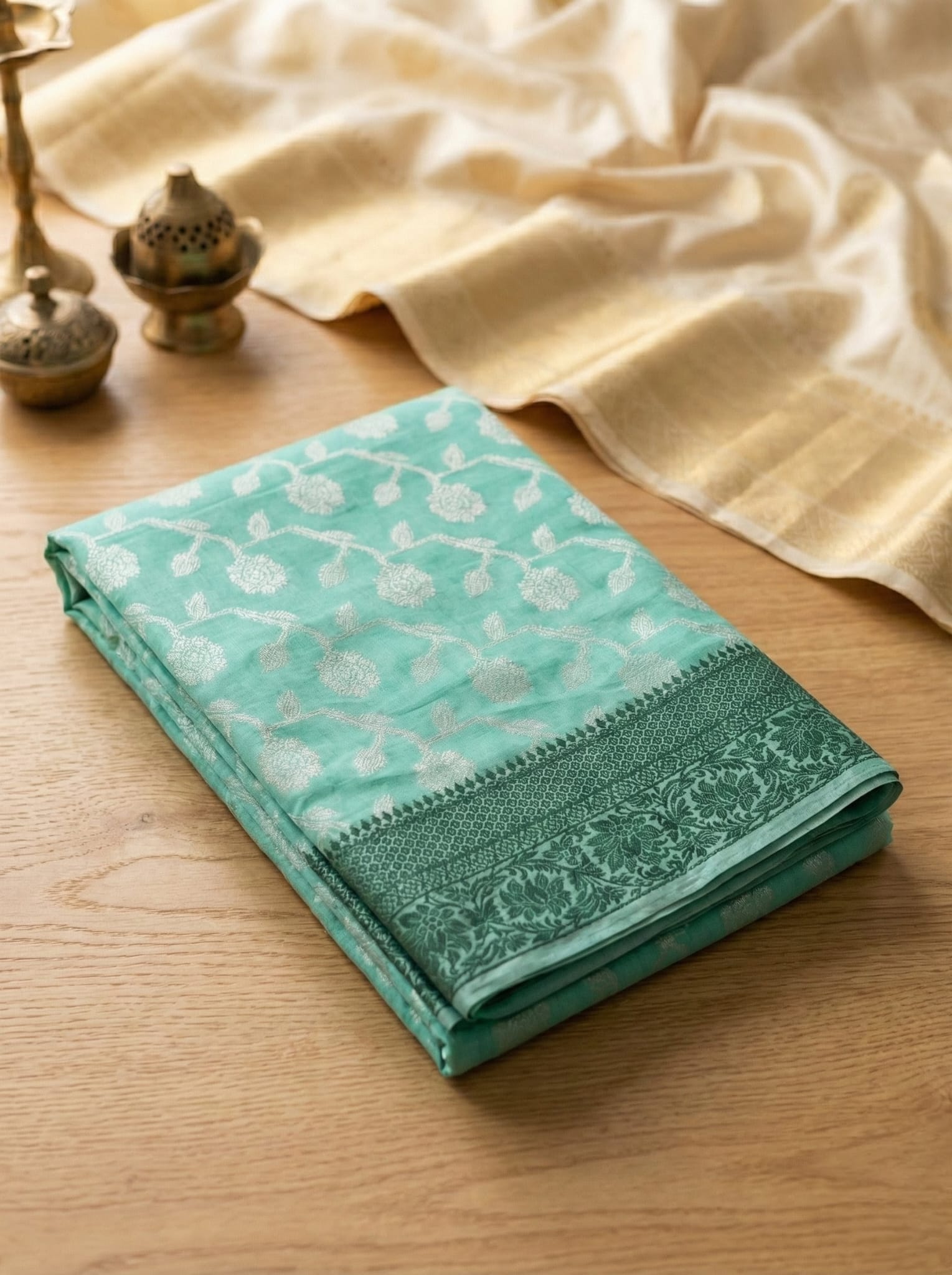 Kota Doria Saree - Teal Green